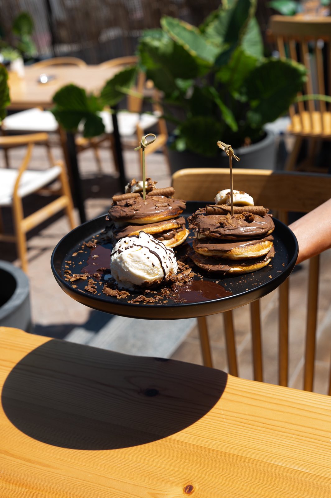 Desert ice cream waffle served at sunset time